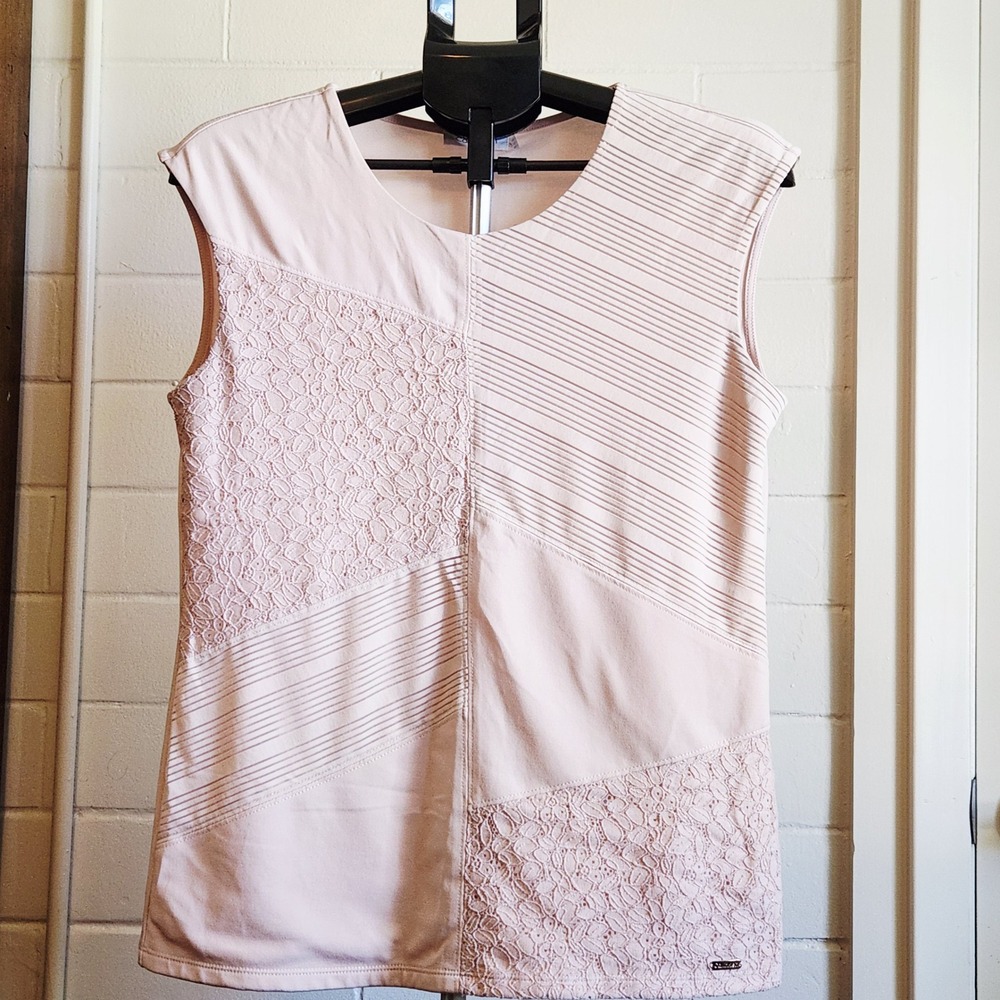 Calvin Klein Womens Pale Pink Mixed Media Lace Pleated Sleeveless Shell Top M